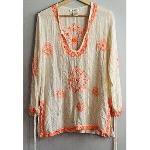 Lucky & Coco Blouse Tunic Womens Medium White Orange Embroidered Pullover
